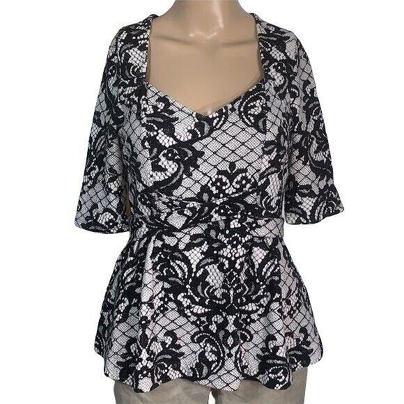 Anthro Postmark Womens Blouse Shirt Leia Lace Print Peplum Top Black Gray Small - Picture 1 of 10